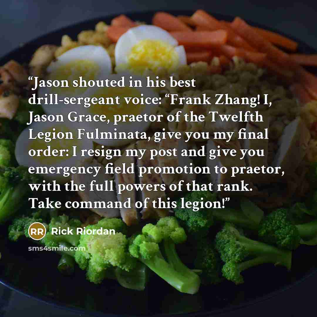 “Jason shouted in his best drill-sergeant voice: “Frank Zhang! I, Jason Grace, praetor of the Twelfth Legion Fulminata, give you my final order: I resign my post and give you emergency field promotion to praetor, with the full powers of that rank. Take command of this legion!” quote by Rick Riordan