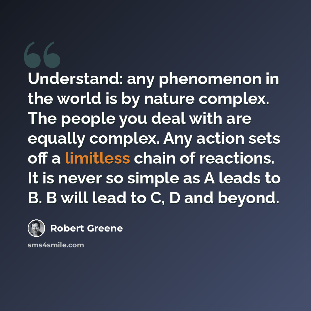 “Understand: any phenomenon in the world is by nature complex. The people you deal with are equally complex. Any action sets off a limitless chain of reactions. It is never so simple as A leads to B. B will lead to C, D and beyond.” quote by Robert Greene