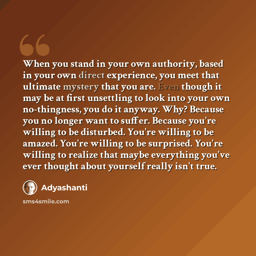 “When you stand in your own authority, based in your own direct experience, you meet that ultimate mystery that you are. Even though it may be at first unsettling to look into your own no-thingness, you do it anyway. Why? Because you no longer want to suffer. Because you're willing to be disturbed…” quote by Adyashanti