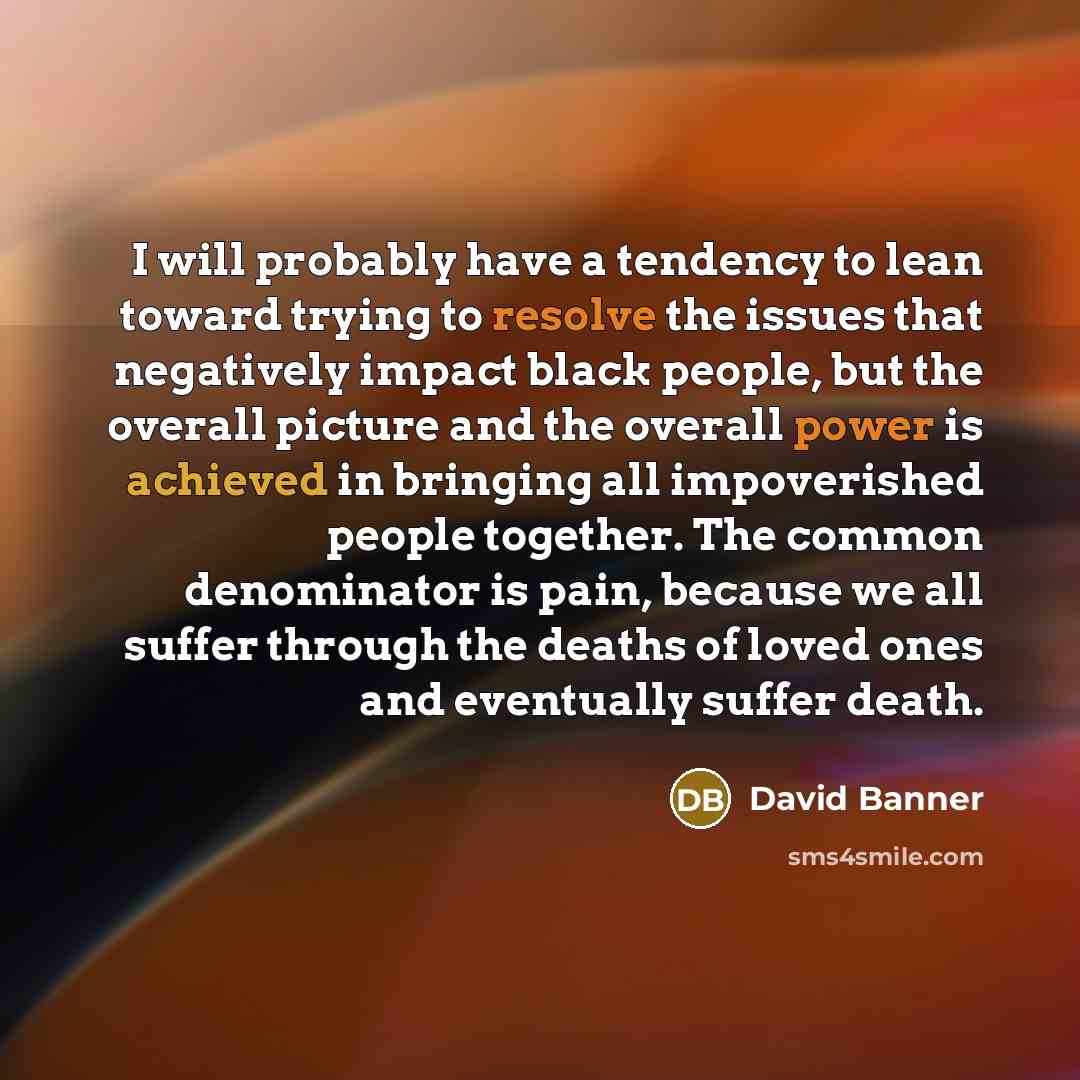 “I will probably have a tendency to lean toward trying to resolve the issues that negatively impact black people, but the overall picture and the overall power is achieved in bringing all impoverished people together. The common denominator is pain, because we all suffer through the deaths of loved…” quote by David Banner