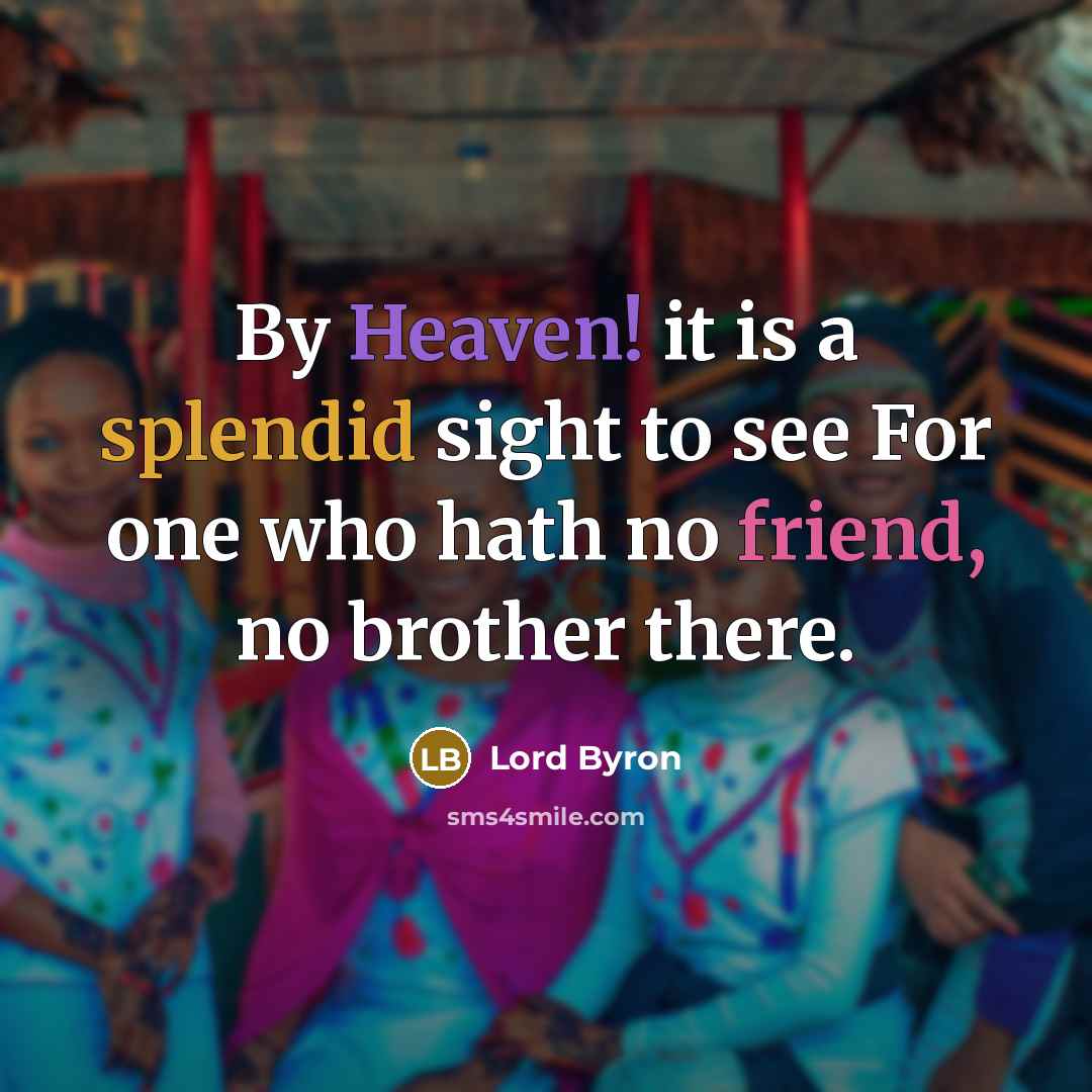 “By Heaven! it is a splendid sight to see For one who hath no friend, no brother there.” quote by Lord Byron