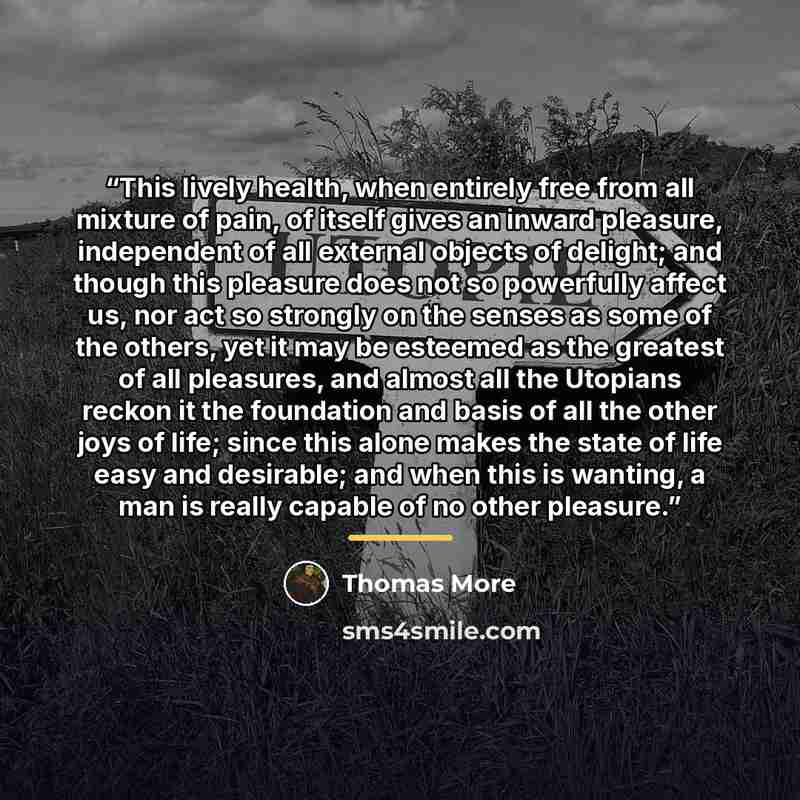 “This lively health, when entirely free from all mixture of pain, of itself gives an inward pleasure, independent of all external objects of delight; and though this pleasure does not so powerfully affect us, nor act so strongly on the senses as some of the others, yet it may be esteemed as the…” quote by Thomas More
