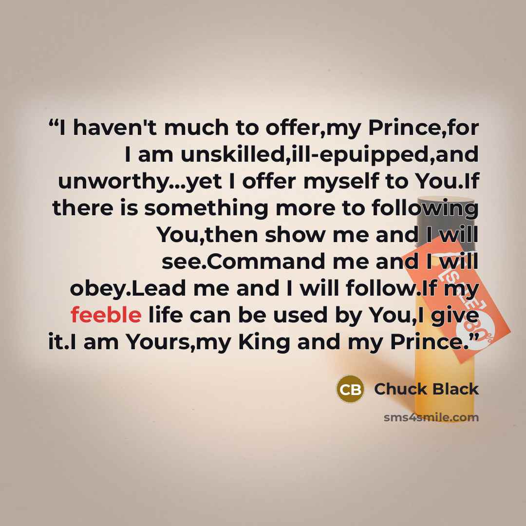 “I haven't much to offer,my Prince,for I am unskilled,ill-epuipped,and unworthy…yet I offer myself to You.If there is something more to following You,then show me and I will see.Command me and I will obey.Lead me and I will follow.If my feeble life can be used by You,I give it.I am Yours,my King…” quote by Chuck Black