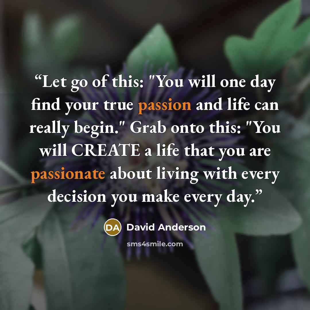 “Let go of this: "You will one day find your true passion and life can really begin." Grab onto this: "You will CREATE a life that you are passionate about living with every decision you make every day.” quote by David Anderson