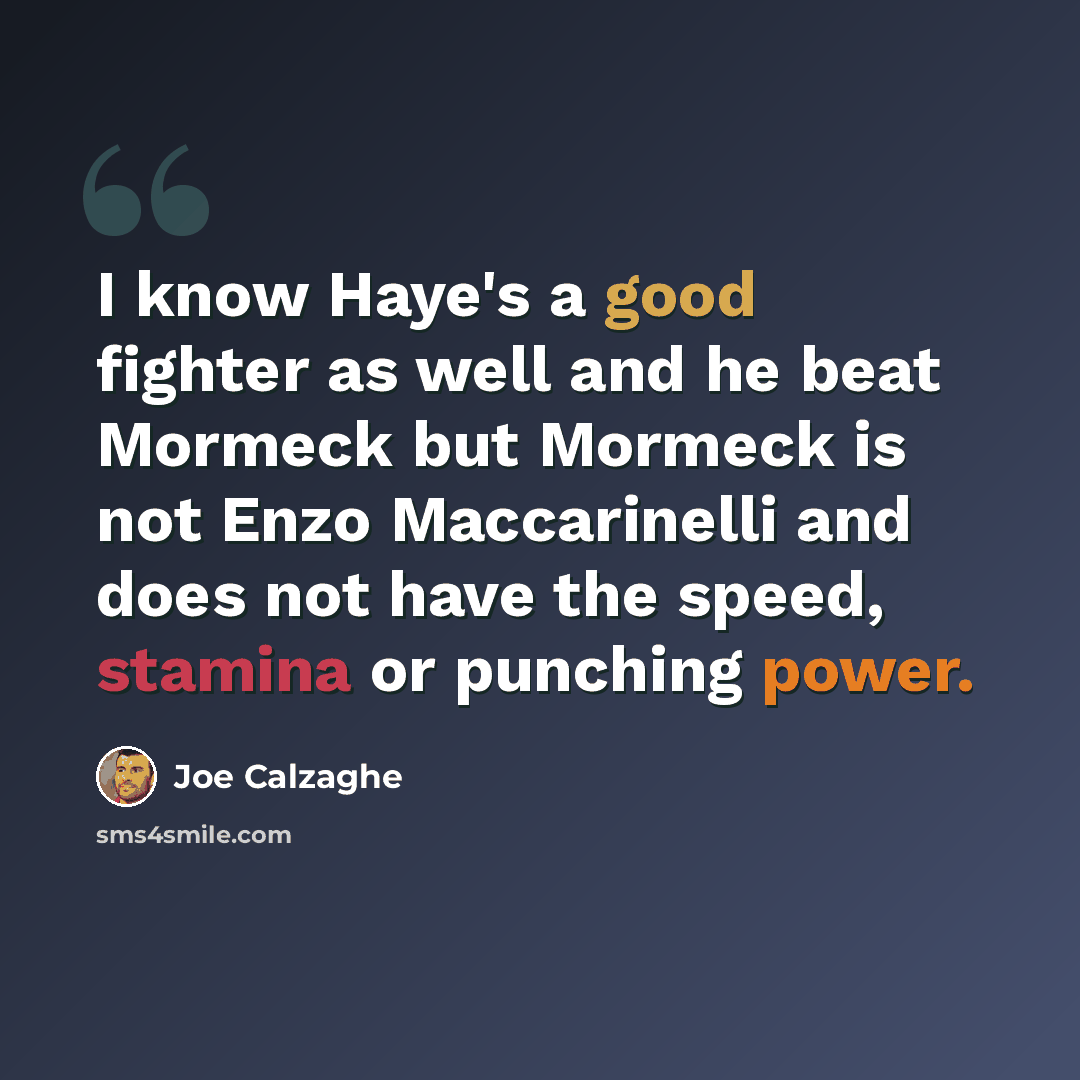 “I know Haye's a good fighter as well and he beat Mormeck but Mormeck is not Enzo Maccarinelli and does not have the speed, stamina or punching power.” quote by Joe Calzaghe