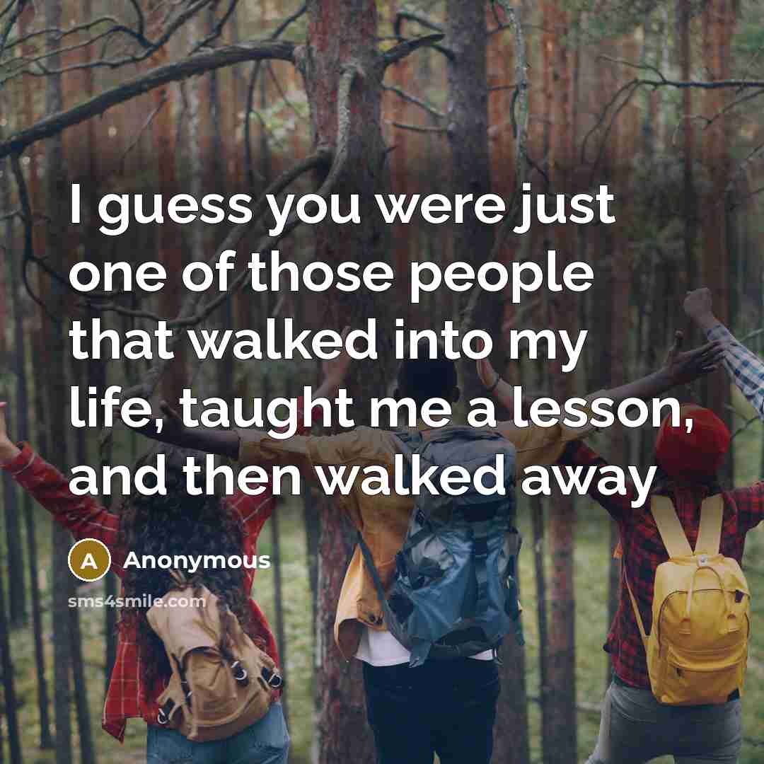 “I guess you were just one of those people that walked into my life, taught me a lesson, and then walked away” quote by Anonymous