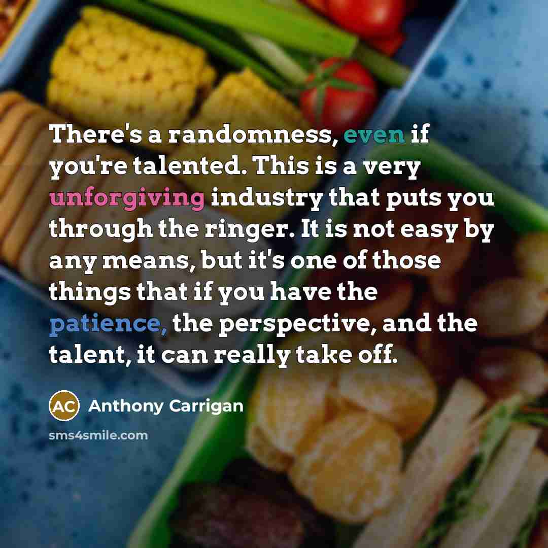 “There's a randomness, even if you're talented. This is a very unforgiving industry that puts you through the ringer. It is not easy by any means, but it's one of those things that if you have the patience, the perspective, and the talent, it can really take off.” quote by Anthony Carrigan