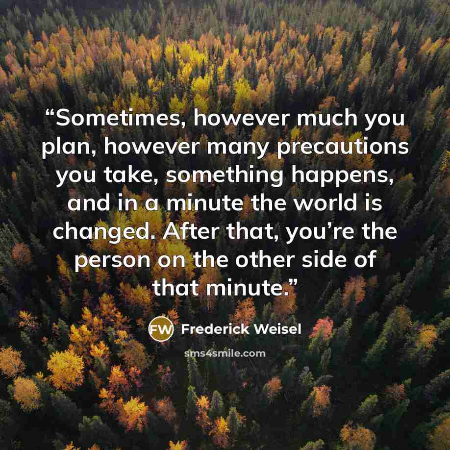 “Sometimes, however much you plan, however many precautions you take, something happens, and in a minute the world is changed. After that, you’re the person on the other side of that minute.” quote by Frederick Weisel