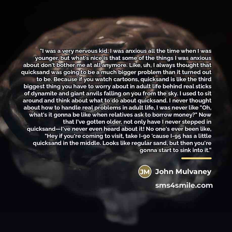 “I was a very nervous kid, I was anxious all the time when I was younger, but what's nice is that some of the things I was anxious about don't bother me at all anymore. Like, uh, I always thought that quicksand was going to be a much bigger problem than it turned out to be. Because if you watch…” quote by John Mulvaney