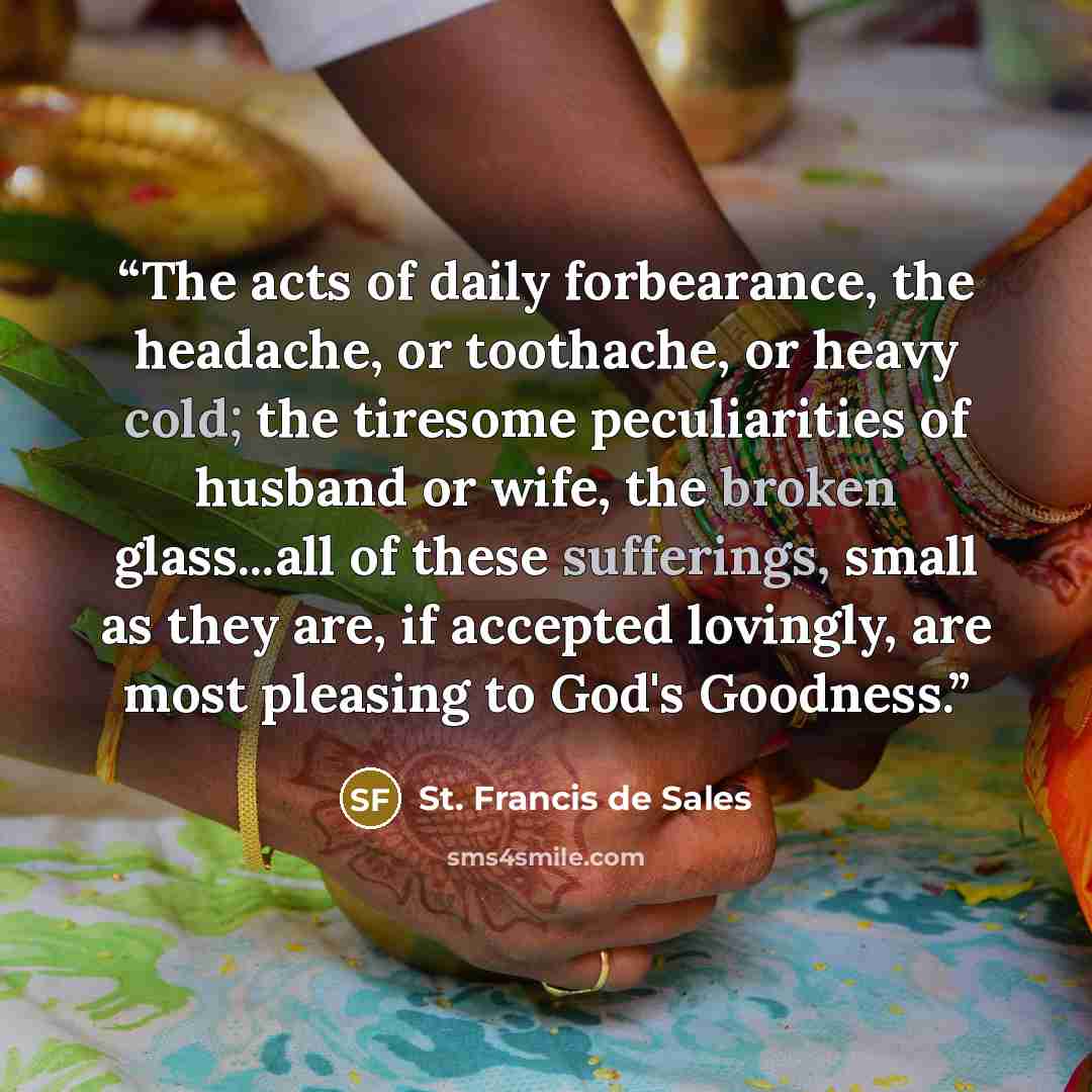 “The acts of daily forbearance, the headache, or toothache, or heavy cold; the tiresome peculiarities of husband or wife, the broken glass...all of these sufferings, small as they are, if accepted lovingly, are most pleasing to God's Goodness.” quote by St. Francis de Sales