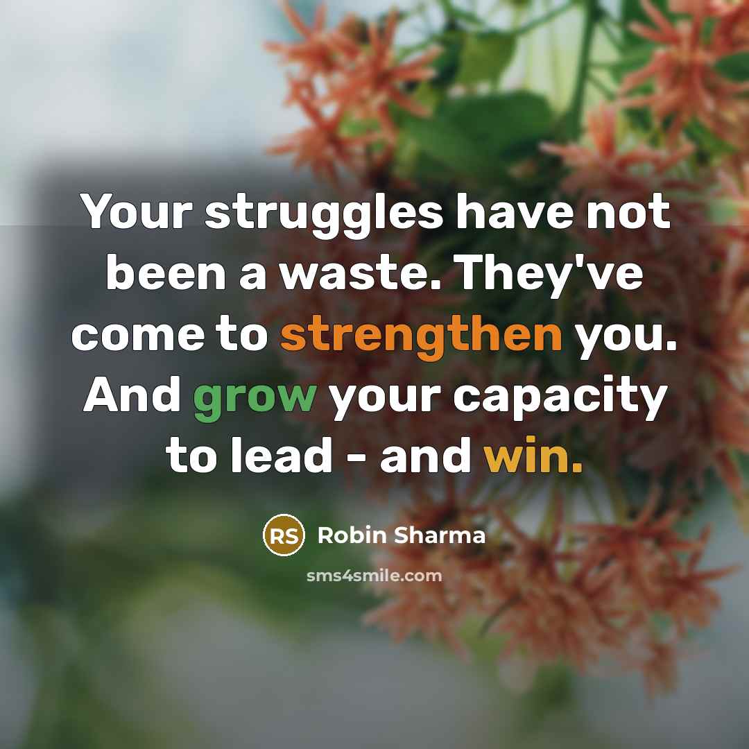 “Your struggles have not been a waste. They've come to strengthen you. And grow your capacity to lead - and win.” quote by Robin Sharma