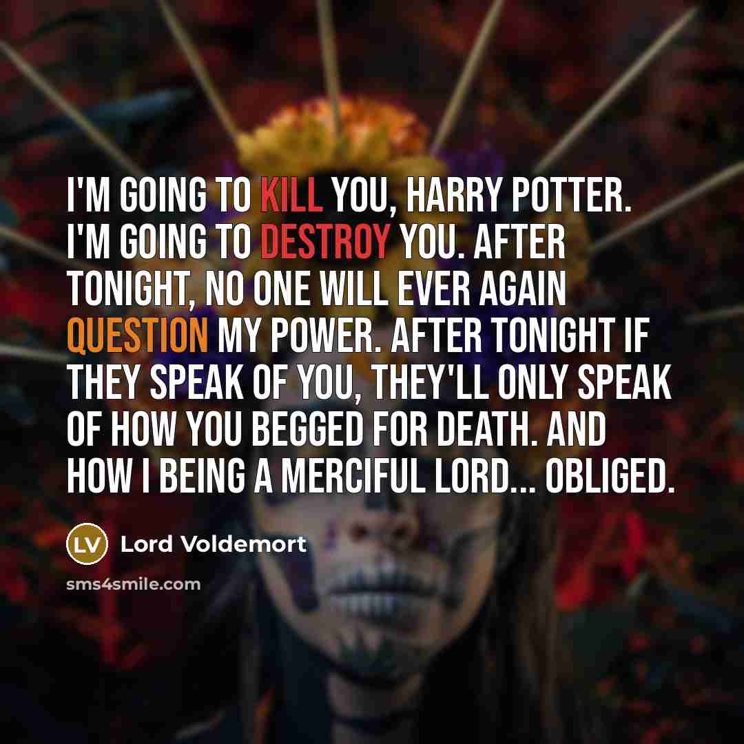 “I'm going to kill you, Harry Potter. I'm going to destroy you. After tonight, no one will ever again question my power. After tonight if they speak of you, they'll only speak of how you begged for death. And how I being a merciful Lord... obliged.” quote by Lord Voldemort