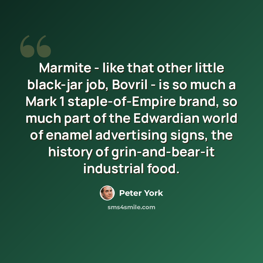 “Marmite - like that other little black-jar job, Bovril - is so much a Mark 1 staple-of-Empire brand, so much part of the Edwardian world of enamel advertising signs, the history of grin-and-bear-it industrial food.” quote by Peter York