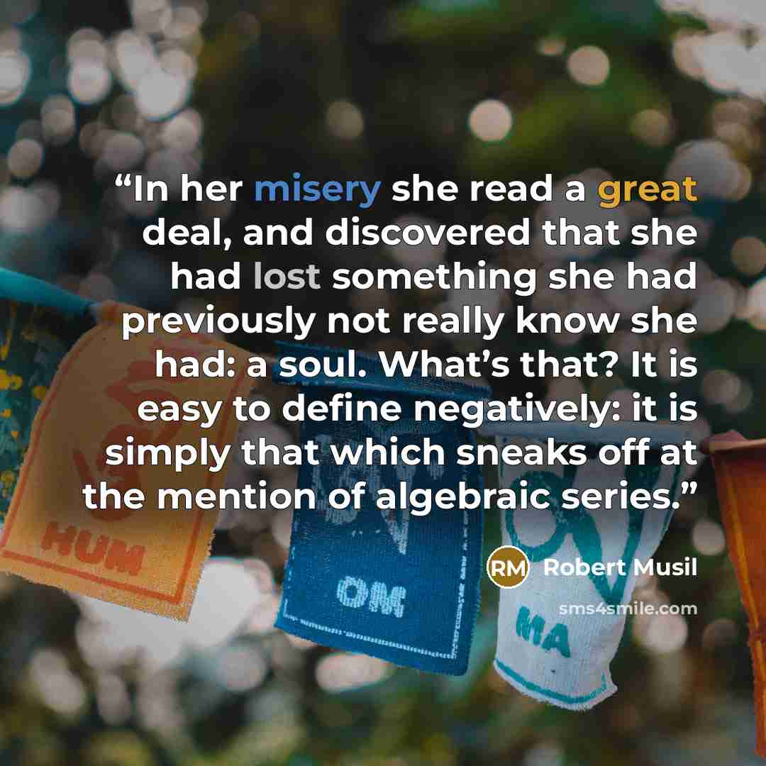 “In her misery she read a great deal, and discovered that she had lost something she had previously not really know she had: a soul. What’s that? It is easy to define negatively: it is simply that which sneaks off at the mention of algebraic series.” quote by Robert Musil