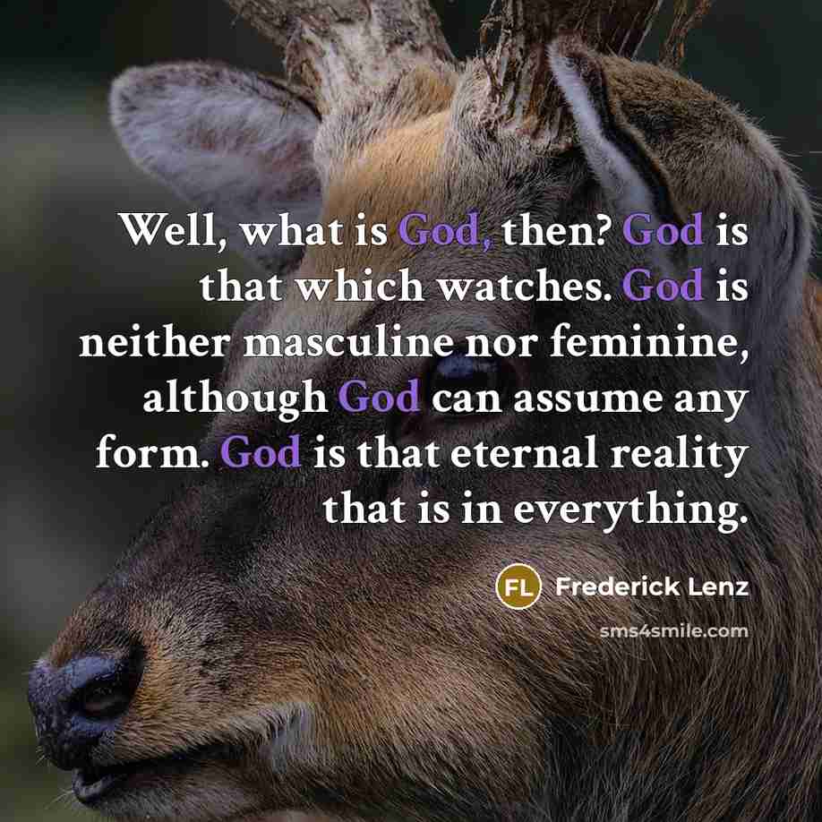 “Well, what is God, then? God is that which watches. God is neither masculine nor feminine, although God can assume any form. God is that eternal reality that is in everything.” quote by Frederick Lenz