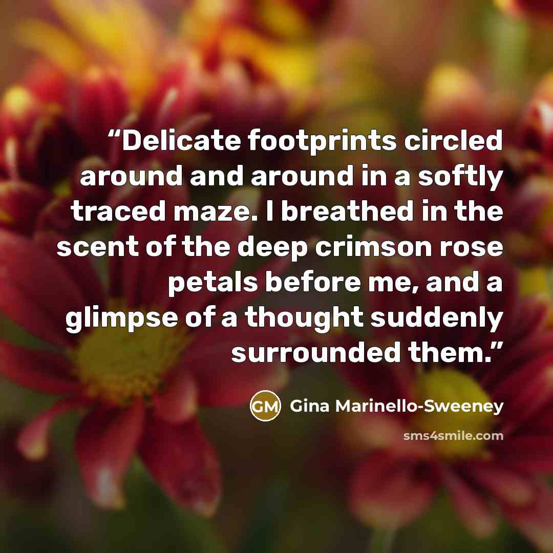 “Delicate footprints circled around and around in a softly traced maze. I breathed in the scent of the deep crimson rose petals before me, and a glimpse of a thought suddenly surrounded them.” quote by Gina Marinello-Sweeney
