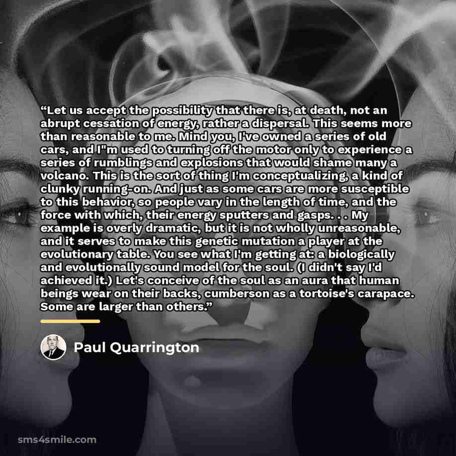 “Let us accept the possibility that there is, at death, not an abrupt cessation of energy, rather a dispersal. This seems more than reasonable to me. Mind you, I've owned a series of old cars, and I"m used to turning off the motor only to experience a series of rumblings and explosions that would…” quote by Paul Quarrington
