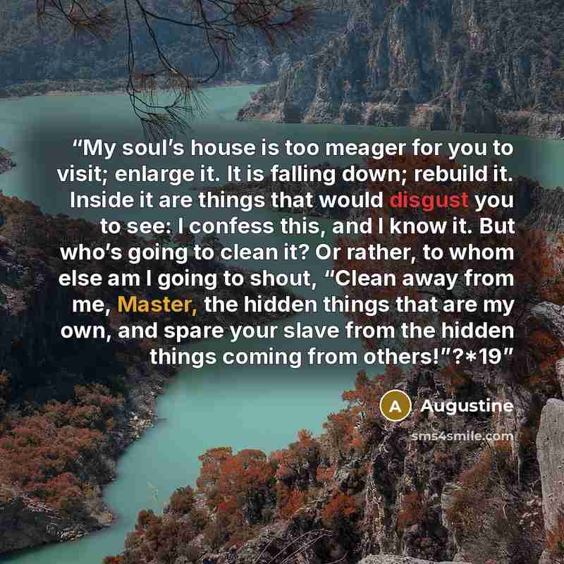 “My soul’s house is too meager for you to visit; enlarge it. It is falling down; rebuild it. Inside it are things that would disgust you to see: I confess this, and I know it. But who’s going to clean it? Or rather, to whom else am I going to shout, “Clean away from me, Master, the hidden things…” quote by Augustine