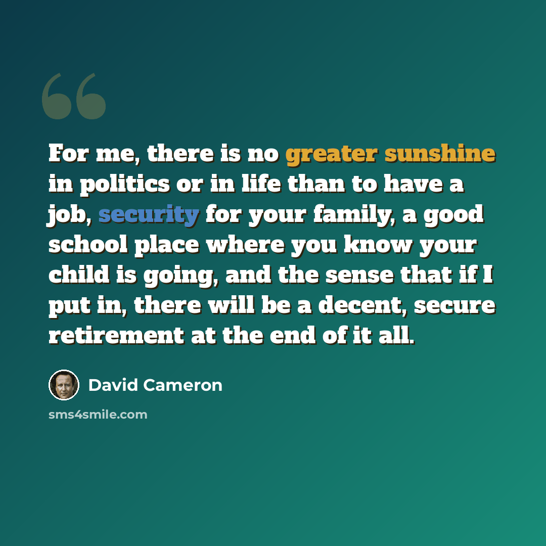 “For me, there is no greater sunshine in politics or in life than to have a job, security for your family, a good school place where you know your child is going, and the sense that if I put in, there will be a decent, secure retirement at the end of it all.” quote by David Cameron