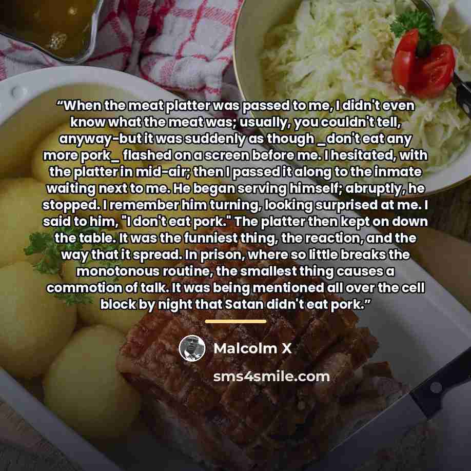 “When the meat platter was passed to me, I didn't even know what the meat was; usually, you couldn't tell, anyway-but it was suddenly as though _don't eat any more pork_ flashed on a screen before me. I hesitated, with the platter in mid-air; then I passed it along to the inmate waiting next to me…” quote by Malcolm X