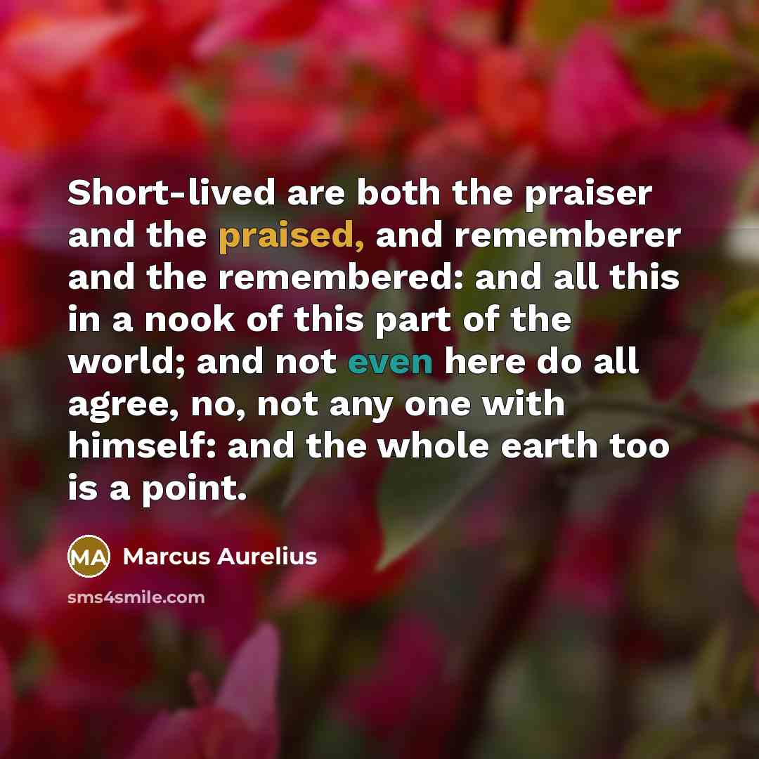 “Short-lived are both the praiser and the praised, and rememberer and the remembered: and all this in a nook of this part of the world; and not even here do all agree, no, not any one with himself: and the whole earth too is a point.” quote by Marcus Aurelius