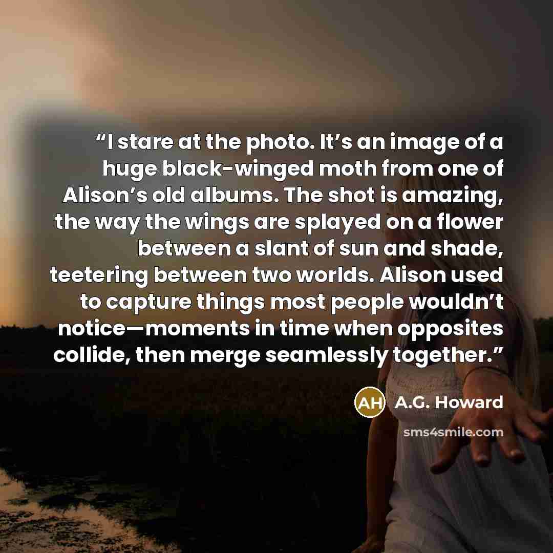 “I stare at the photo. It’s an image of a huge black-winged moth from one of Alison’s old albums. The shot is amazing, the way the wings are splayed on a flower between a slant of sun and shade, teetering between two worlds. Alison used to capture things most people wouldn’t notice—moments in time…” quote by A.G. Howard