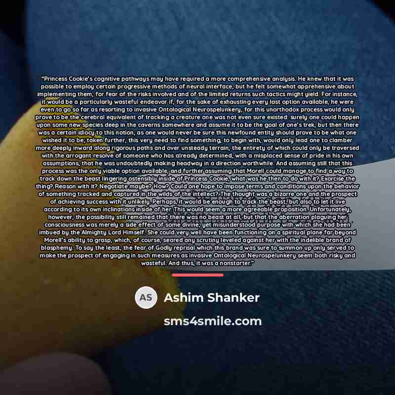 “Princess Cookie’s cognitive pathways may have required a more comprehensive analysis. He knew that it was possible to employ certain progressive methods of neural interface, but he felt somewhat apprehensive about implementing them, for fear of the risks involved and of the limited returns such…” quote by Ashim Shanker