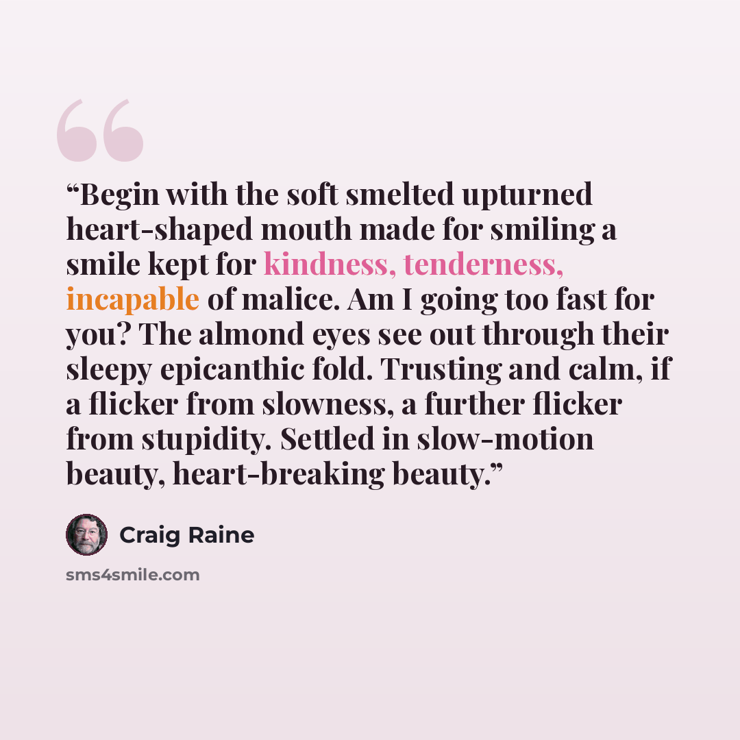 “Begin with the soft smelted upturned heart-shaped mouth made for smiling a smile kept for kindness, tenderness, incapable of malice. Am I going too fast for you? The almond eyes see out through their sleepy epicanthic fold. Trusting and calm, if a flicker from slowness, a further flicker from…” quote by Craig Raine