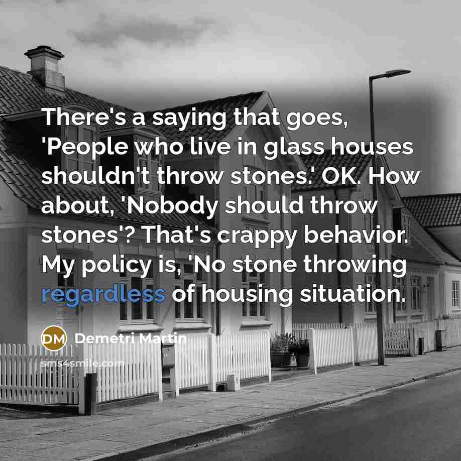 “There's a saying that goes, 'People who live in glass houses shouldn't throw stones.' OK. How about, 'Nobody should throw stones'? That's crappy behavior. My policy is, 'No stone throwing regardless of housing situation.” quote by Demetri Martin