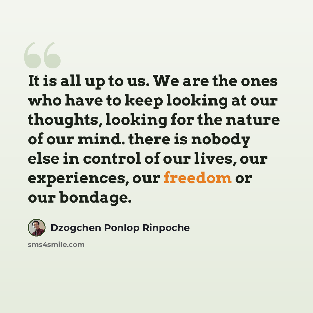 “It is all up to us. We are the ones who have to keep looking at our thoughts, looking for the nature of our mind. there is nobody else in control of our lives, our experiences, our freedom or our bondage.” quote by Dzogchen Ponlop Rinpoche