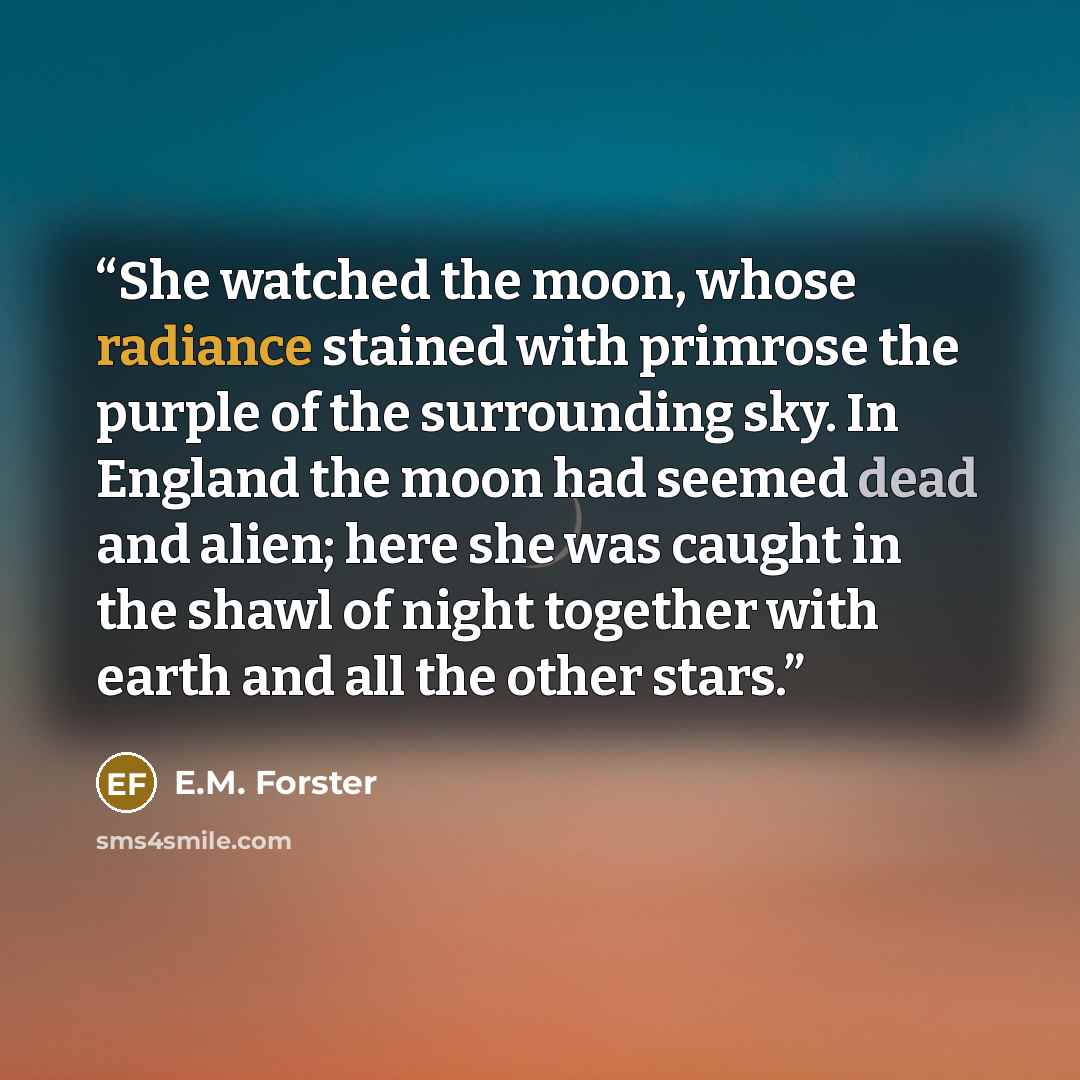“She watched the moon, whose radiance stained with primrose the purple of the surrounding sky. In England the moon had seemed dead and alien; here she was caught in the shawl of night together with earth and all the other stars.” quote by E.M. Forster