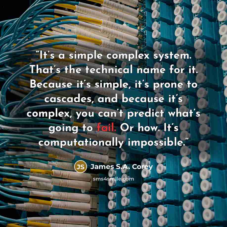 “It’s a simple complex system. That’s the technical name for it. Because it’s simple, it’s prone to cascades, and because it’s complex, you can’t predict what’s going to fail. Or how. It’s computationally impossible.” quote by James S.A. Corey