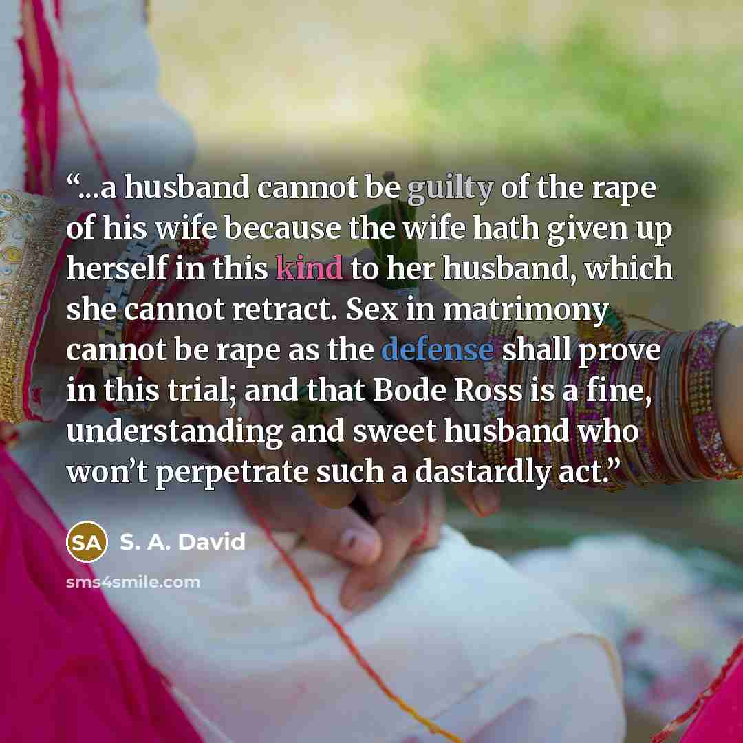 “...a husband cannot be guilty of the rape of his wife because the wife hath given up herself in this kind to her husband, which she cannot retract. Sex in matrimony cannot be rape as the defense shall prove in this trial; and that Bode Ross is a fine, understanding and sweet husband who won’t…” quote by S. A. David