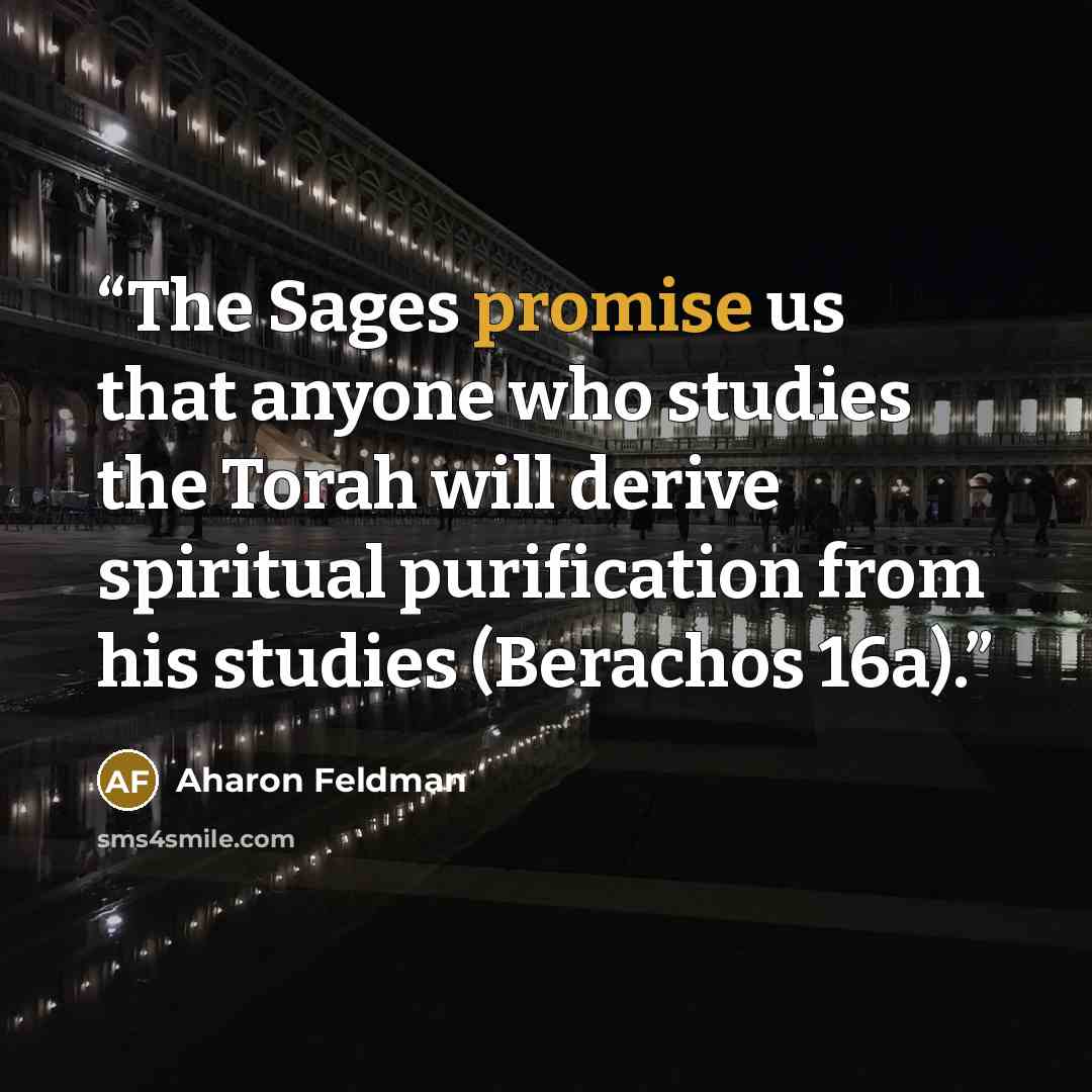 “The Sages promise us that anyone who studies the Torah will derive spiritual purification from his studies (Berachos 16a).” quote by Aharon Feldman
