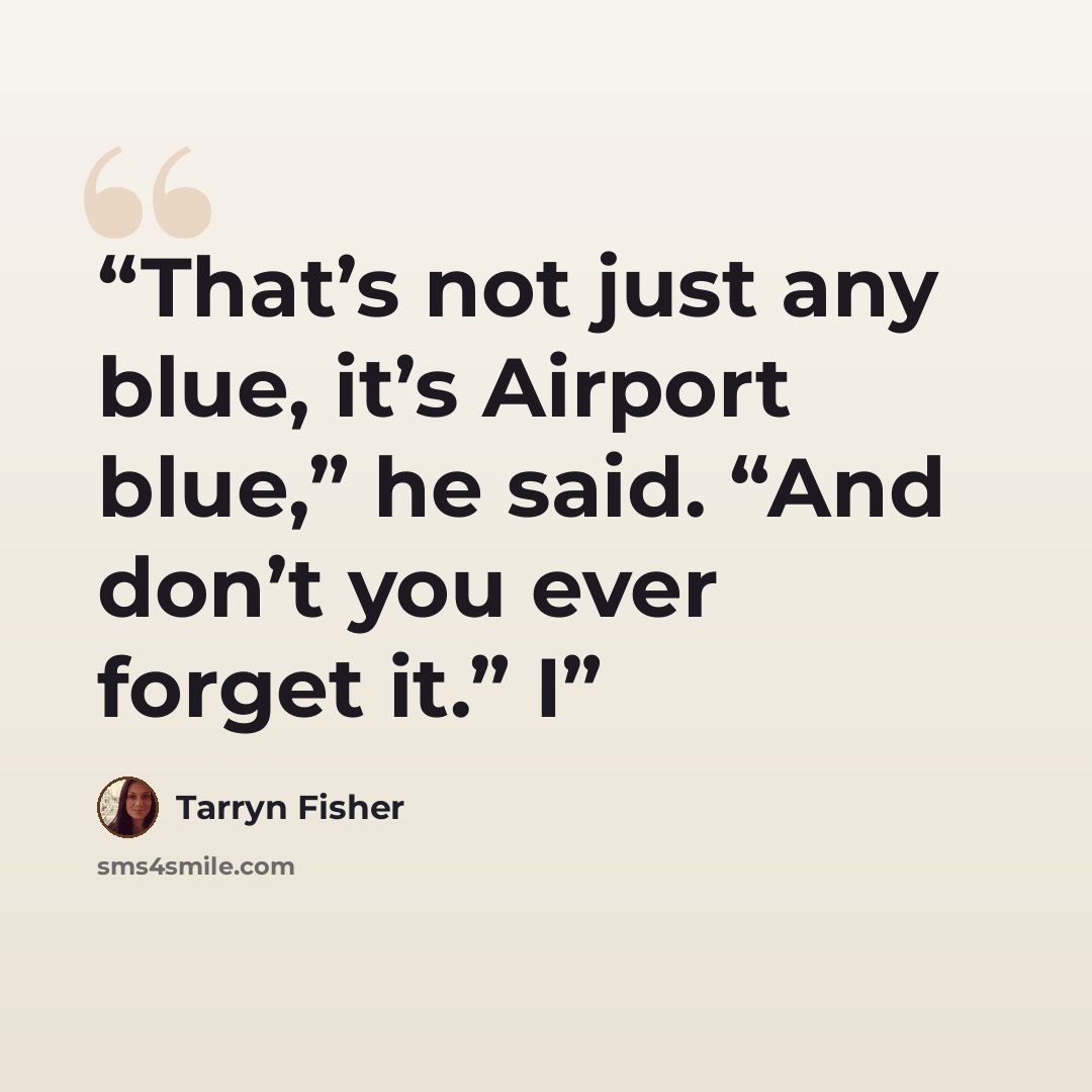 “That’s not just any blue, it’s Airport blue,” he said. “And don’t you ever forget it.” I” quote by Tarryn Fisher