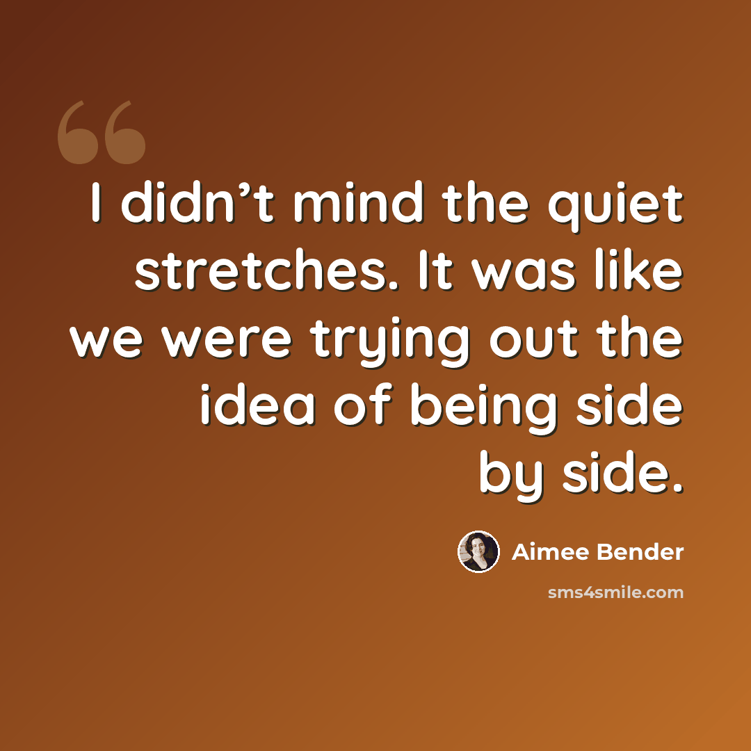 “I didn’t mind the quiet stretches. It was like we were trying out the idea of being side by side.” quote by Aimee Bender