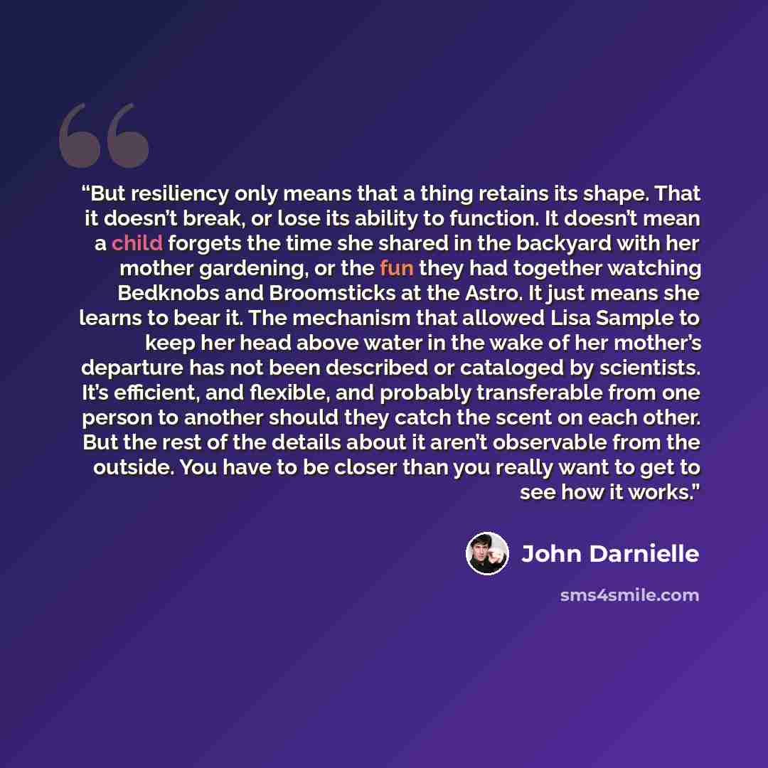“But resiliency only means that a thing retains its shape. That it doesn’t break, or lose its ability to function. It doesn’t mean a child forgets the time she shared in the backyard with her mother gardening, or the fun they had together watching Bedknobs and Broomsticks at the Astro. It just…” quote by John Darnielle