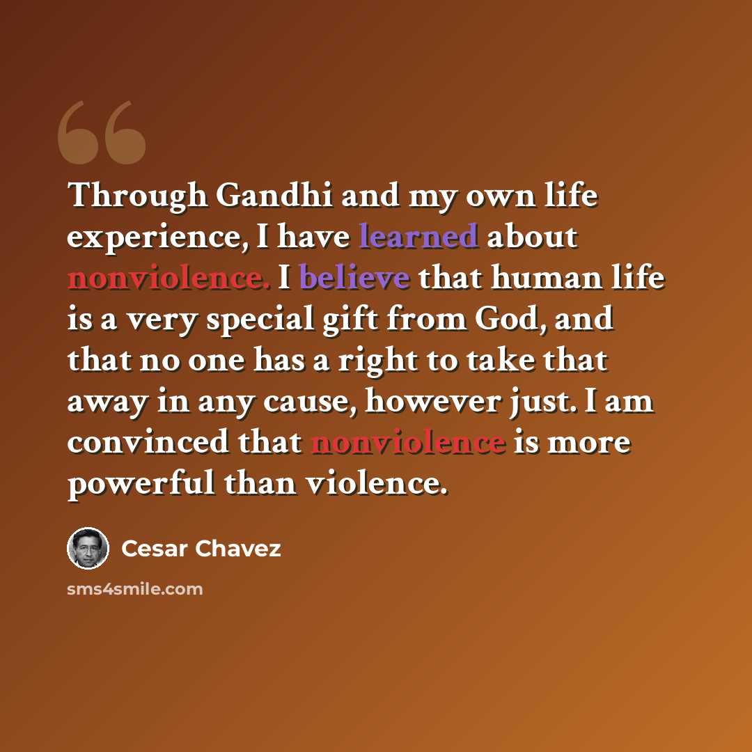 “Through Gandhi and my own life experience, I have learned about nonviolence. I believe that human life is a very special gift from God, and that no one has a right to take that away in any cause, however just. I am convinced that nonviolence is more powerful than violence.” quote by Cesar Chavez