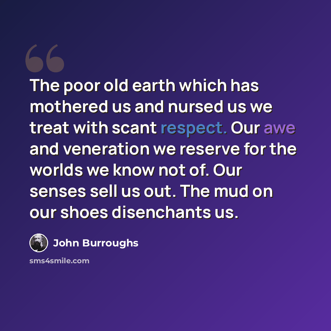 “The poor old earth which has mothered us and nursed us we treat with scant respect. Our awe and veneration we reserve for the worlds we know not of. Our senses sell us out. The mud on our shoes disenchants us.” quote by John Burroughs
