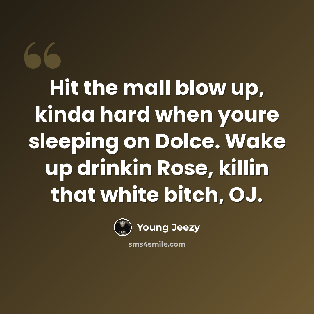 “Hit the mall blow up, kinda hard when youre sleeping on Dolce. Wake up drinkin Rose, killin that white bitch, OJ.” quote by Young Jeezy