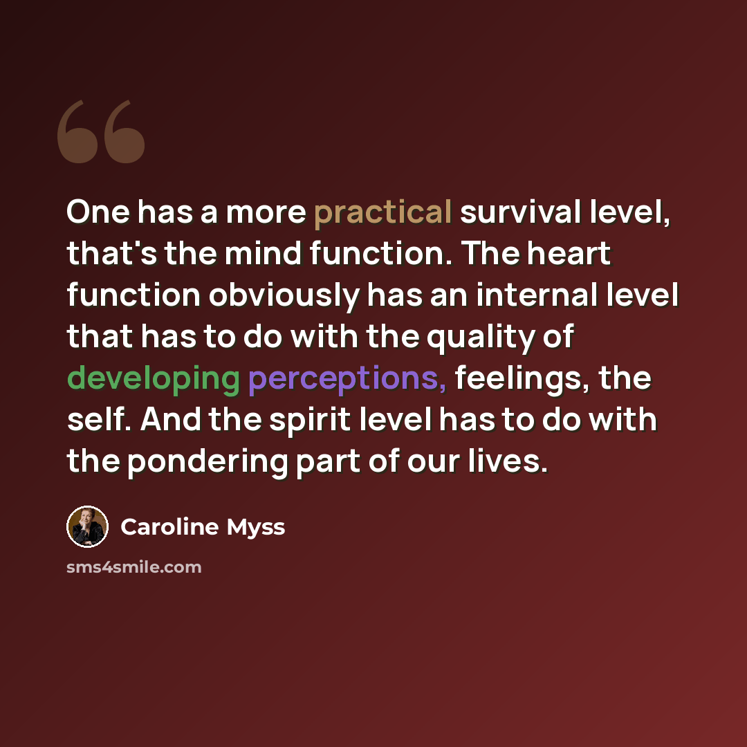 “One has a more practical survival level, that's the mind function. The heart function obviously has an internal level that has to do with the quality of developing perceptions, feelings, the self. And the spirit level has to do with the pondering part of our lives.” quote by Caroline Myss