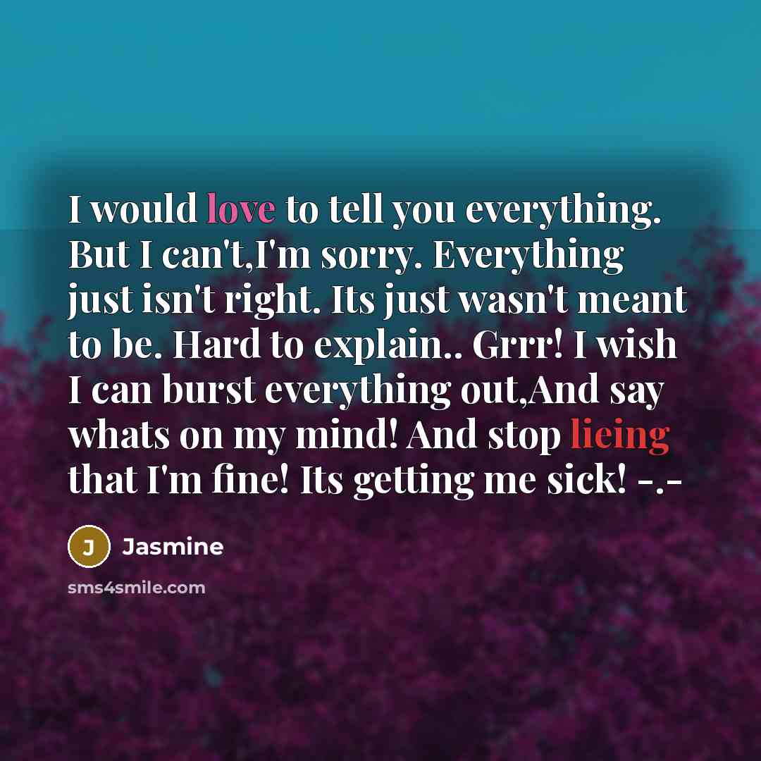 “I would love to tell you everything. But I can't,I'm sorry. Everything just isn't right. Its just wasn't meant to be. Hard to explain.. Grrr! I wish I can burst everything out,And say whats on my mind! And stop lieing that I'm fine! Its getting me sick! -.-” quote by Jasmine