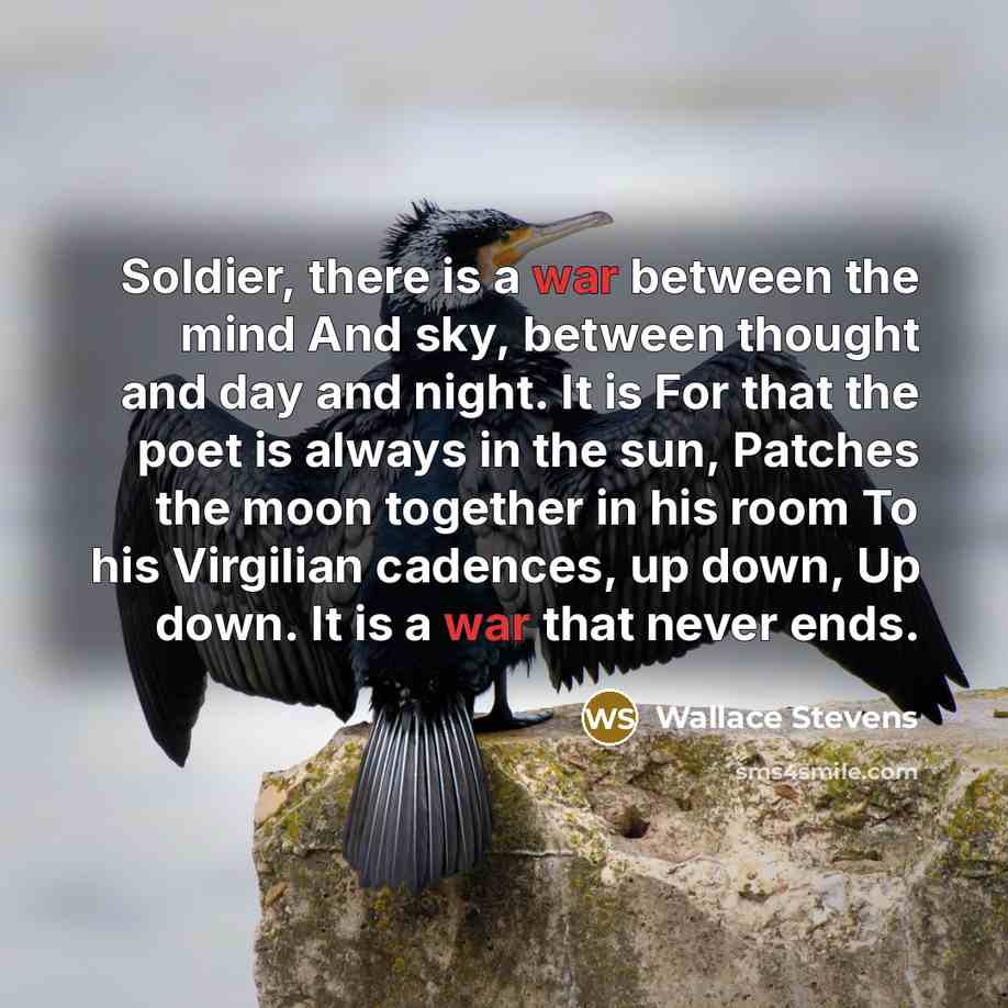 “Soldier, there is a war between the mind And sky, between thought and day and night. It is For that the poet is always in the sun, Patches the moon together in his room To his Virgilian cadences, up down, Up down. It is a war that never ends.” quote by Wallace Stevens