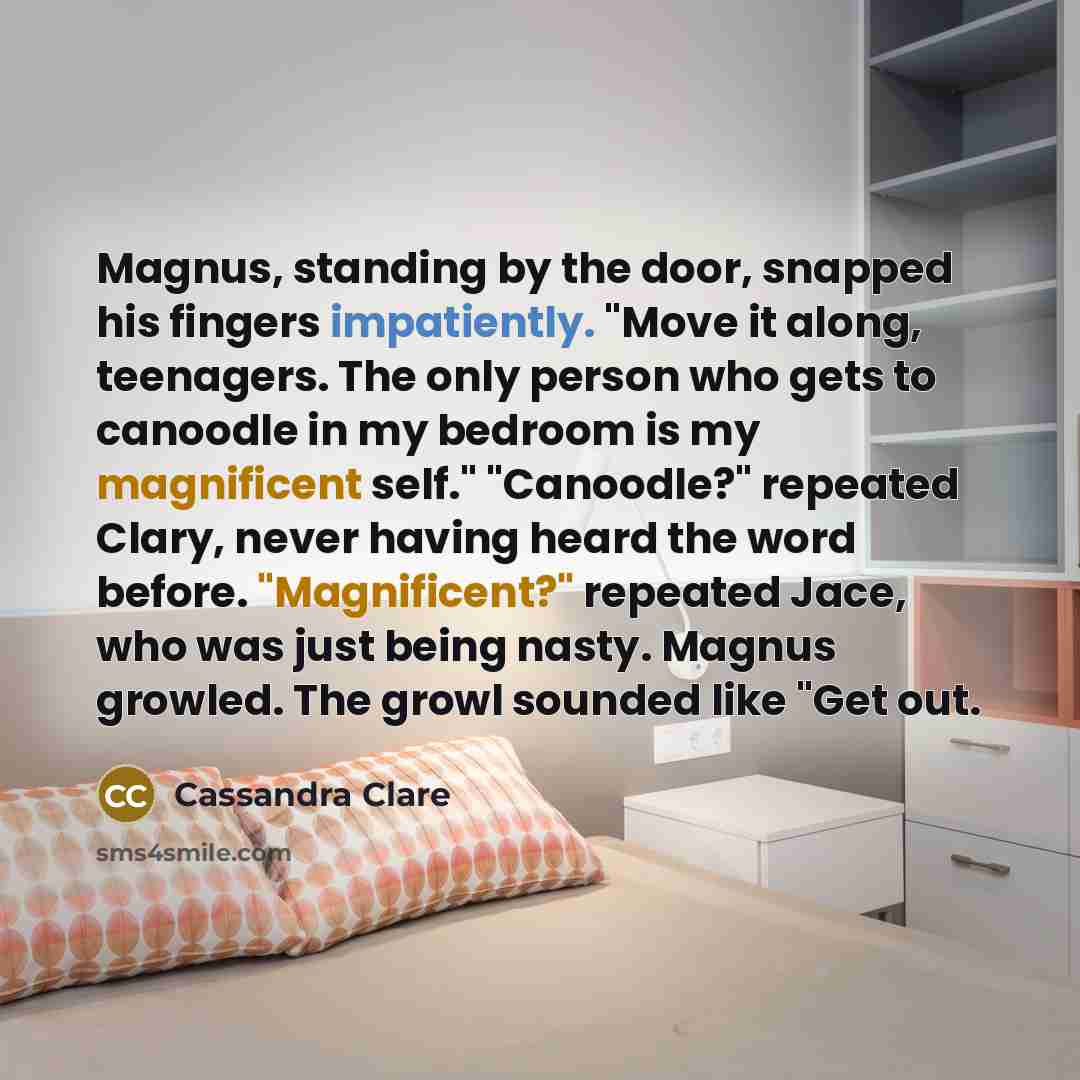 “Magnus, standing by the door, snapped his fingers impatiently. "Move it along, teenagers. The only person who gets to canoodle in my bedroom is my magnificent self." "Canoodle?" repeated Clary, never having heard the word before. "Magnificent?" repeated Jace, who was just being nasty. Magnus…” quote by Cassandra Clare