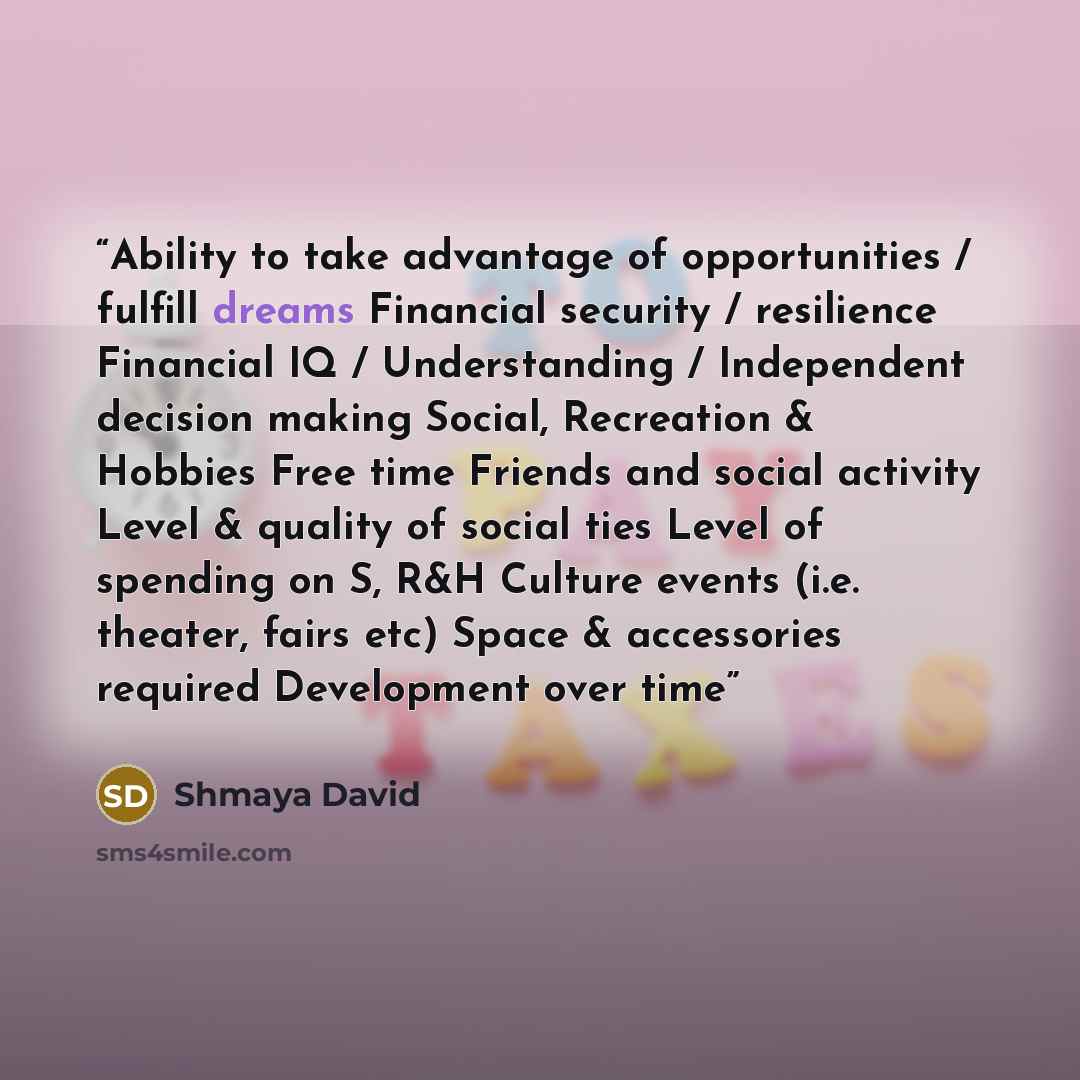 “Ability to take advantage of opportunities / fulfill dreams Financial security / resilience Financial IQ / Understanding / Independent decision making Social, Recreation & Hobbies Free time Friends and social activity Level & quality of social ties Level of spending on S, R&H Culture events (i.e…” quote by Shmaya David
