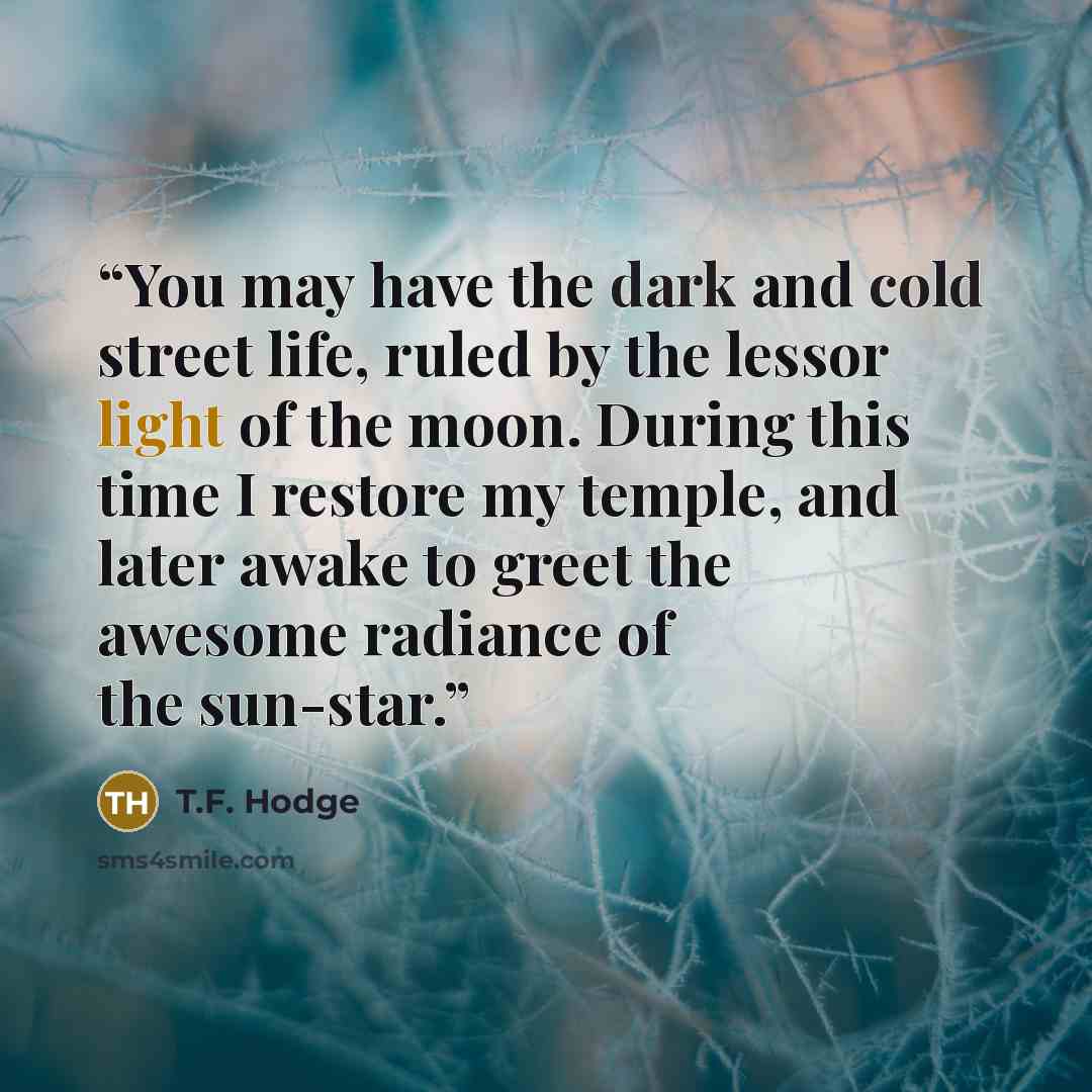 “You may have the dark and cold street life, ruled by the lessor light of the moon. During this time I restore my temple, and later awake to greet the awesome radiance of the sun-star.” quote by T.F. Hodge