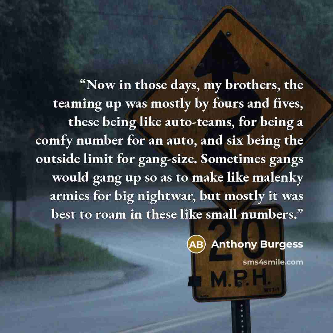 “Now in those days, my brothers, the teaming up was mostly by fours and fives, these being like auto-teams, for being a comfy number for an auto, and six being the outside limit for gang-size. Sometimes gangs would gang up so as to make like malenky armies for big nightwar, but mostly it was best…” quote by Anthony Burgess