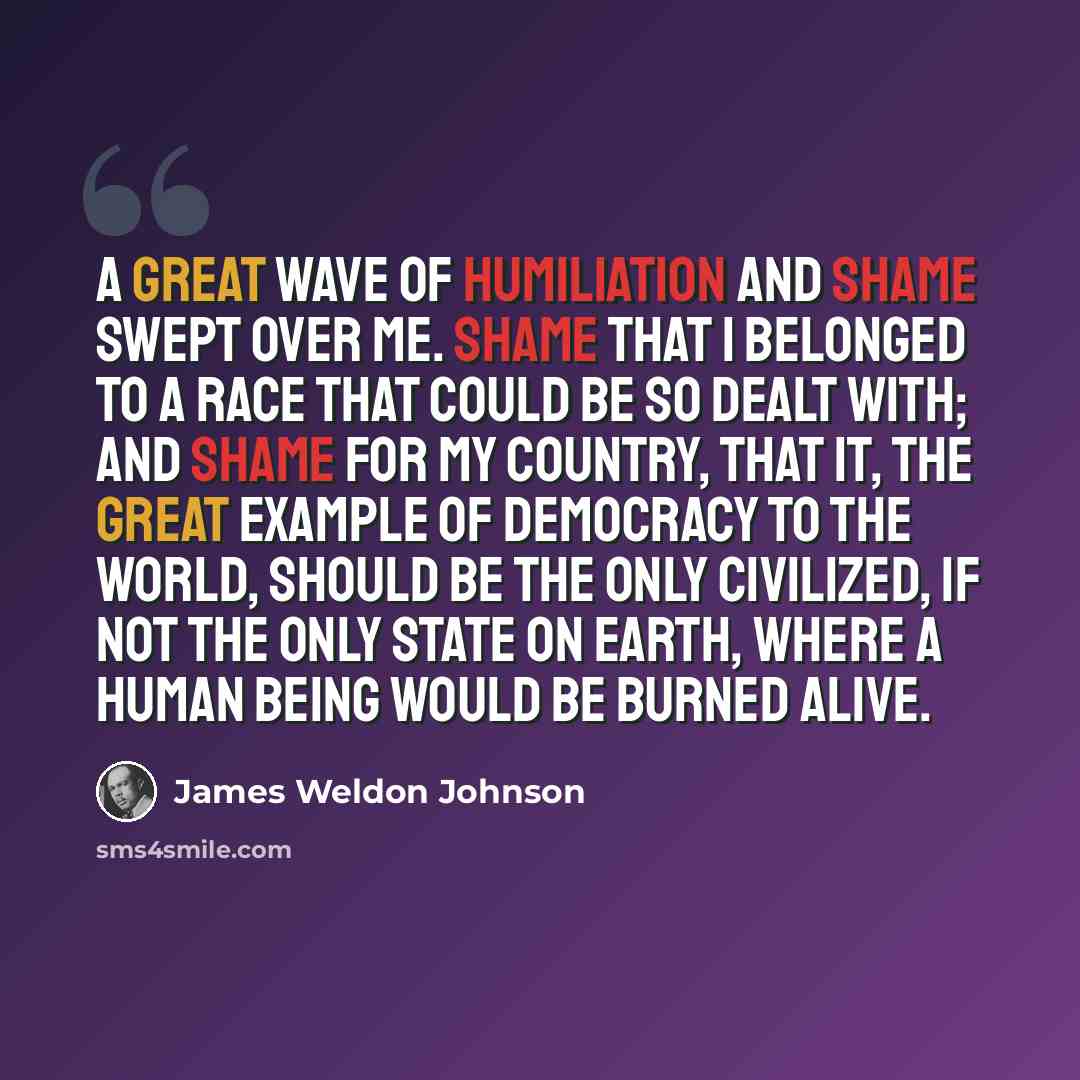 “A great wave of humiliation and shame swept over me. Shame that I belonged to a race that could be so dealt with; and shame for my country, that it, the great example of democracy to the world, should be the only civilized, if not the only state on earth, where a human being would be burned alive.” quote by James Weldon Johnson