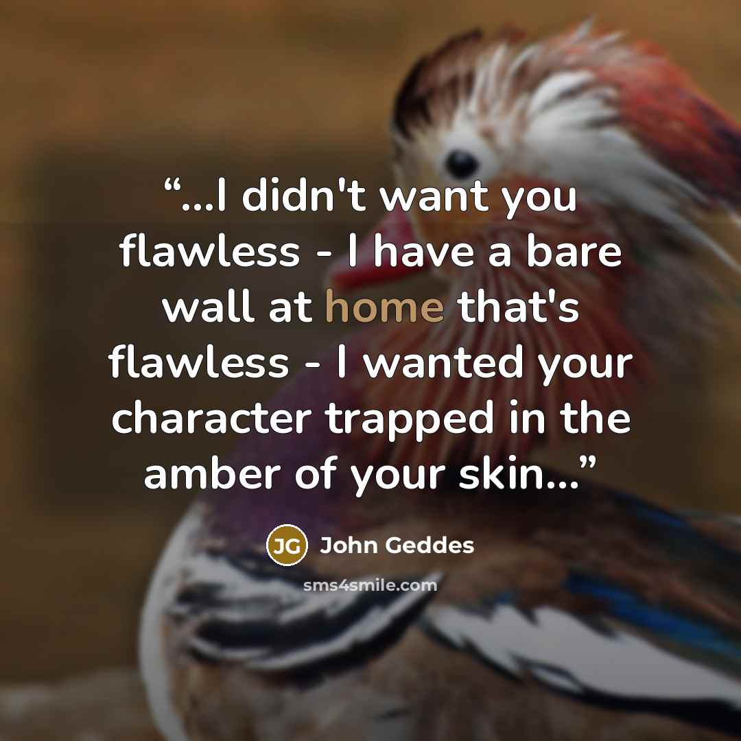 “...I didn't want you flawless - I have a bare wall at home that's flawless - I wanted your character trapped in the amber of your skin...” quote by John Geddes