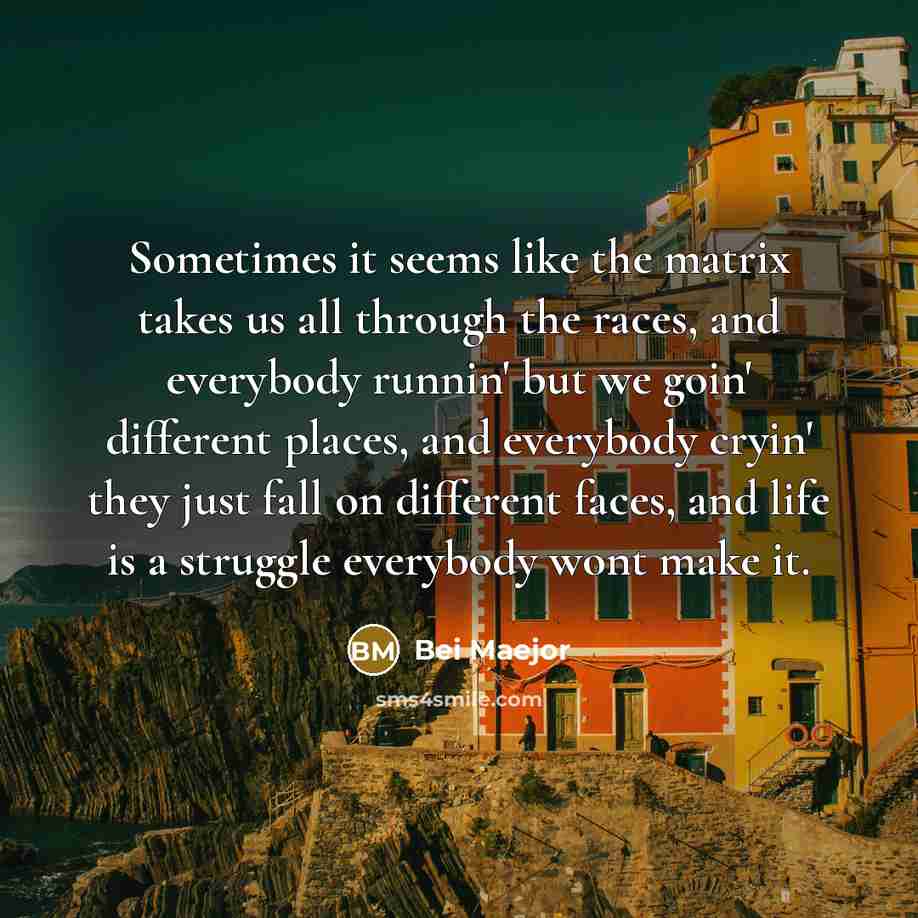 “Sometimes it seems like the matrix takes us all through the races, and everybody runnin' but we goin' different places, and everybody cryin' they just fall on different faces, and life is a struggle everybody wont make it.” quote by Bei Maejor